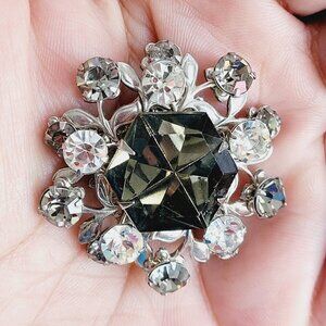 Vintage Glass Rhinestone Brooch Clear & Smoky Topaz Color On Silver Tone 1.5"